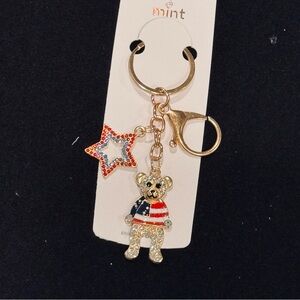 BAG CHARM Mint Sparkling American Flag Teddy Bear Keychain – Gold Tone
